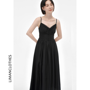 黑色V领吊带连衣裙女夏法式设计感收腰显瘦蕾丝拼接大裙摆小黑裙