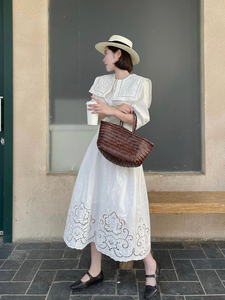 2024新款夏装搭配一整套高级感法式镂空白色刺绣连衣裙子两件套装