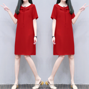 2024夏季新款女装时尚翻领大红色裙子休闲中长款宽松显瘦连衣裙女