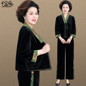 新中式国风妈妈套装春秋洋气中老年女式春季外套贵夫人两件套大码