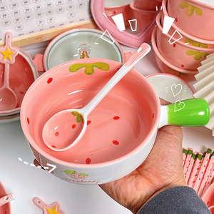 草莓陶瓷米饭碗勺卡通儿童碗ins高颜值甜品碗水果沙拉碗家用餐具