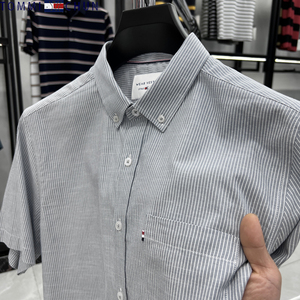 正品汤米纯棉短袖衬衫男士2024年夏季薄款时尚商务条纹中青年衬衣