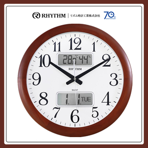 RHYTHM 丽声挂钟表 客厅办公室欧式古典温湿度计液晶实木CFG901