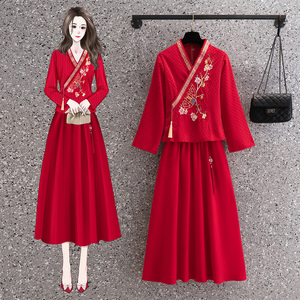 大码唐装汉服套装女春季新中式国风刺绣改良旗袍红色新娘服半身裙