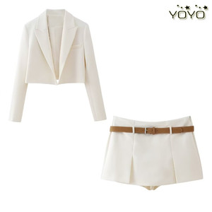 YOYO 欧美风外贸女装新款2024时尚短款西装外套配腰带裙裤套装