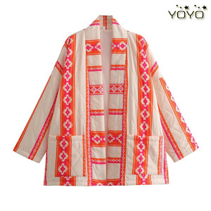 YOYO 欧美风外贸女装新款2023时尚复古印花宽松和服式薄棉外套