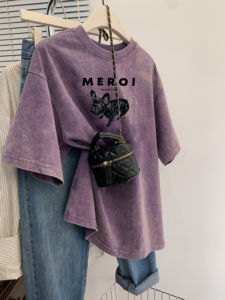 紫色短袖t恤女装2024年夏季新款设计感小众宽松半袖显瘦体恤上衣