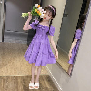 女童夏装连衣裙2024新款大童小女孩紫色裙子夏季泡泡袖洋气公主裙