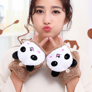 冬季韩版加厚保暖毛绒熊猫手套可爱卡通毛绒半指翻盖两用手套女