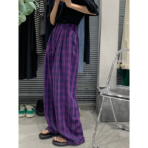 紫色格子休闲裤女夏季韩版高腰宽松直筒裤气质百搭垂感显瘦长裤潮