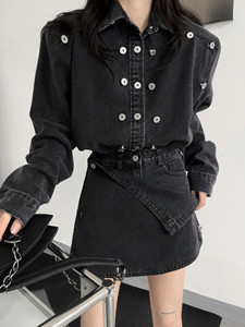 黑色重工纽扣可拆卸牛仔外套女2023秋冬新款设计感高腰裙裤两件套