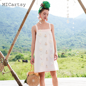MICartsy王紫珊夏季新款手工珠花粗肩带连衣裙女时尚原创小众设计