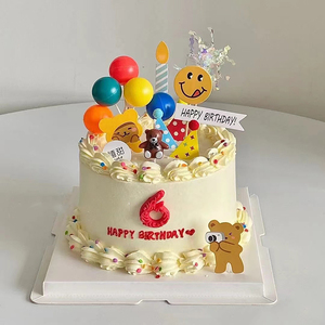 儿童可爱生日蛋糕装饰摆件插牌小熊蜡烛插牌气球男孩宝宝周岁插件
