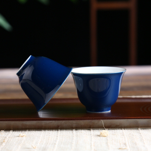 霁蓝釉功夫茶具盖碗茶杯陶瓷 景德镇白瓷品茗杯主人杯茶碗金钟杯