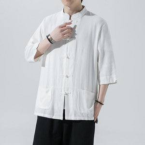 亚麻衬衫男夏季薄款七分袖衬衣中国风棉麻唐装短袖男士半袖上衣服