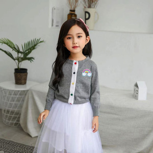 春季韩国品牌童装女童白色短半裙彩虹短款针织开衫纯棉短外搭