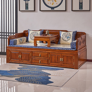 新中式箱式罗汉床塌禅意古典小户型储物实木沙发床老榆木客厅家具