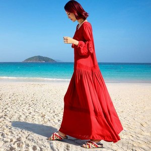 青海湖西藏新疆云南旅游服装红色民族风长袖连衣裙沙漠长裙沙滩裙