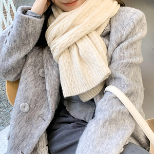 韩国ins米色毛线围巾女冬季复古柔软学生保暖麻花围脖韩版披肩潮