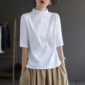 纯棉白色短袖T恤女款2024春装新款欧货洋气宽松半高领五分袖上衣