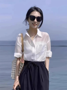 白色天丝防晒衬衫女夏季薄款法式小清新洋气小衫宽松长袖雪纺衬衣