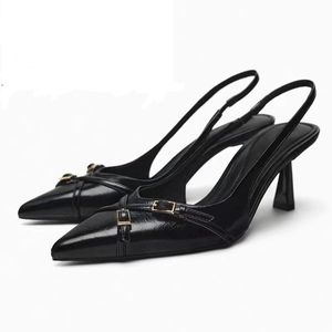 ZA2024春节新款黑色搭扣高跟鞋尖头一字扣带凉鞋时尚气质单跟女鞋
