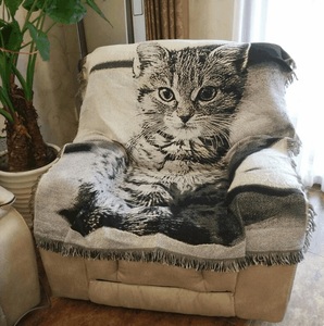芝华仕沙发靠背巾美式复古风老虎猫咪图案棉麻沙发垫挂毯沙发毯