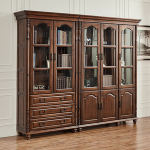 美式全实木书柜黑胡桃木书房家具两门三门组合书橱带玻璃门展示柜