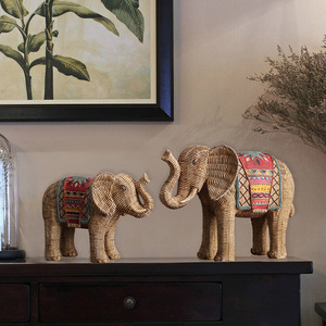 美式复古客厅玄关电视柜家居大象装饰品样板间创意藤编象招财摆件
