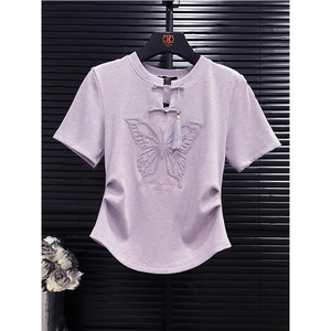 新中式盘扣紫色蝴蝶刺绣短袖T恤女2024夏季复古修身显瘦短款上衣