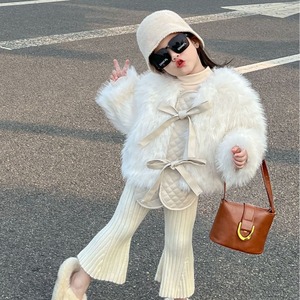 韩版女孩2023冬季新款仿皮草夹棉加绒加厚外套针织喇叭裤两件套装
