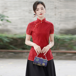 中年女夏装蕾丝短袖改良旗袍上衣修身显瘦复古新中式国风妈妈唐装