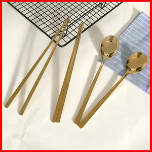 韩式金属餐具金色扁筷子勺子套装便携商用家泡面小食堂包邮