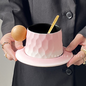 高颜值粗陶日式咖啡杯套装杯碟高档创意复古陶瓷马克杯子设计感