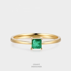 祖母绿方钻戒指 女小绿方沙弗莱18K金黄金纯银绿宝石方形指环气质