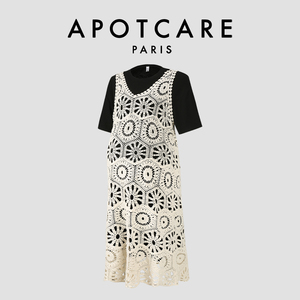 法国 APOTCARE 孕妇装夏款黑色圆领上衣杏色蕾丝镂空连衣裙两件套