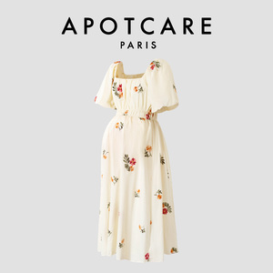 法国 APOTCARE 孕妇装夏季新款法式甜美气质一字领碎花连衣裙