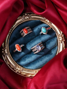 尼泊尔银饰品手工S925镶嵌月光石绿松石戒指女流行首饰指环 复古