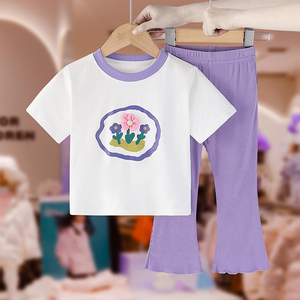 女童套装夏季2024新款儿童装洋气女宝宝t恤冰丝喇叭裤休闲两件套