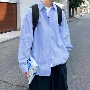 蓝白条纹衬衫男少年感穿搭宽松休闲病号服日系cityboy衬衣外套潮