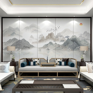 新中式现代轻奢山水画硬包电视背景墙客厅沙发卧室床头刺绣背景墙