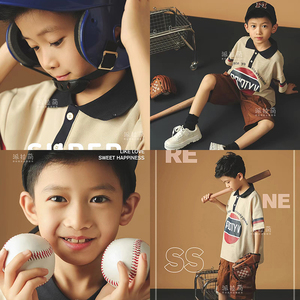 儿童摄影新款男孩休闲拍照套装棕色条纹棒球主题服饰10岁孩子服装