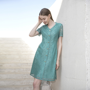 木子兰 2022夏季高级海盐绿蕾丝连衣裙 修身显瘦优雅气质款长裙
