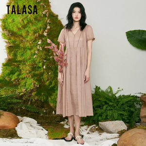 TALASA商场同款苎麻连衣裙2024夏新款设计感宽松显瘦优雅大摆长裙