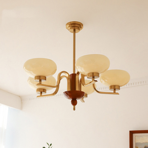 中古柚木色吊灯5头 现代美式复古法式书房客厅卧室餐厅奶玻璃灯具