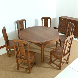 纯全实木餐桌椅组合可伸缩折叠圆形餐桌老榆木小户型家用饭桌子