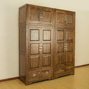 新中式老榆木全实木整体大衣柜家用原木组合衣橱卧室储物挂衣柜子