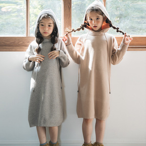 韩国SZ秋季2022新款童装女童毛衣中长款连衣裙中大童长袖连帽针织