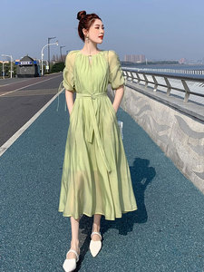 法式天丝连衣裙女夏装2023新款设计感小众收腰显瘦气质超仙长裙子