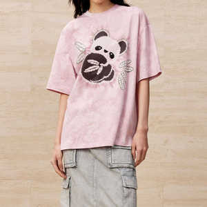 商场同款上衣2024年夏季新款时尚数码印花手绣熊猫短袖宽松t恤女